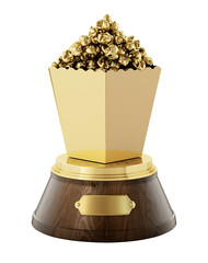 Golden popcorn on wooden pedestal isolated on transparent background. Cinema award. 3D illustration