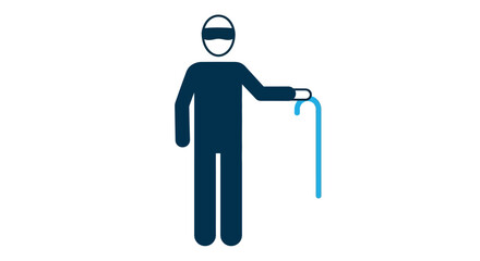 Simple blue pictogram of a blind person with a walking cane
