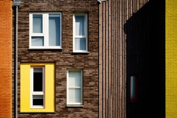 Fototapeta premium Colorful architectural details of modern buildings showcasing contrasting textures and hues in a vibrant urban setting during daytime