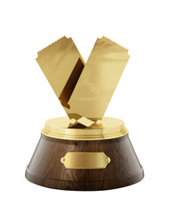 Golden tickets on wooden pedestal isolated on transparent background. Cinema award. 3D illustration