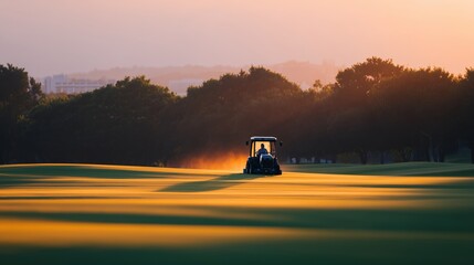 Fototapeta premium Greenkeeper operating a mower on a lush golf course, with rolling hills and trees in the background, creating a serene and well-maintained landscape