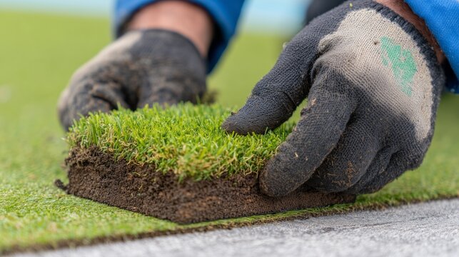 Close-up of greenkeeper's hands carefully replacing turf with fresh grass, showcasing the intricate details of turf repair and maintenance in a vibrant outdoor setting