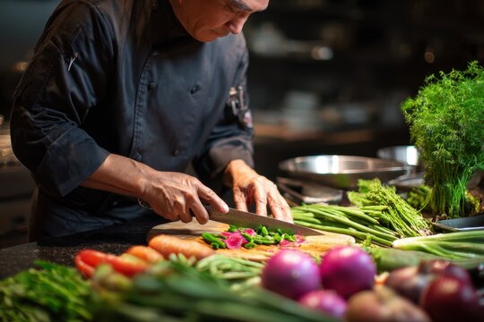 Culinary Expertise: A skilled chef meticulously chops fresh vegetables on a wooden cutting board, illuminated by the warm glow of the kitchen.