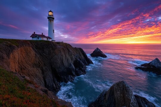 Colorful sunset at lighthouse near the ocean with rocky coastline - Powered by Adobe