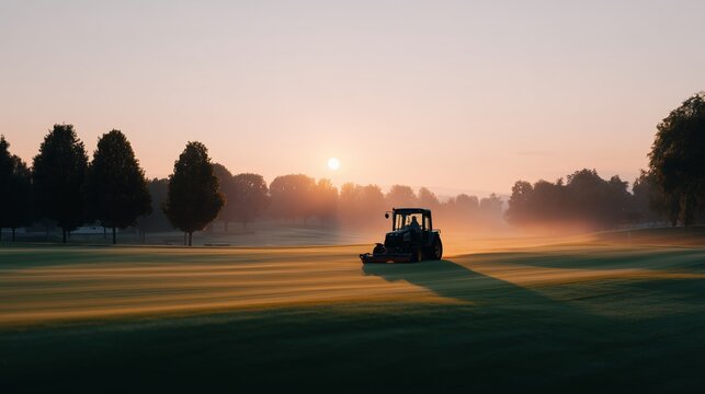 Greenkeeper operating mower on lush golf course at sunrise, creating perfectly manicured grass, surrounded by trees and soft morning light, enhancing serene outdoor atmosphere