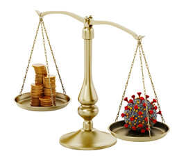 Coronavirus and gold coins standing on different sides of the balanced scale isolated on transparent background. 3D illustration