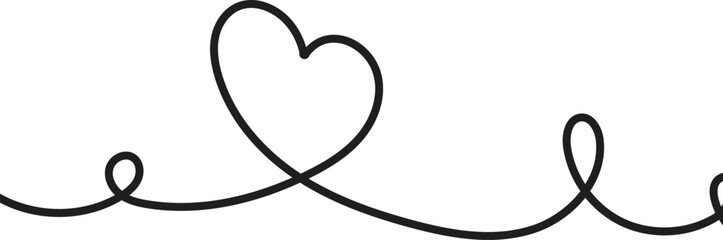Elegant single continuous black line drawing forming a heart shape and flowing wavy curves on a clean white background symbolizing love and connection