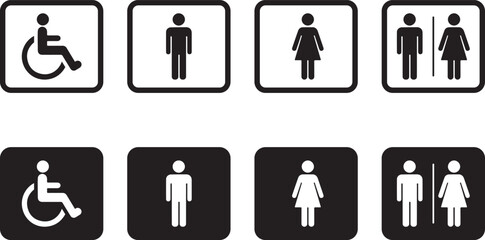 Collection of eight square icons representing restroom facilities including accessible wheelchair symbols and gendered male and female figures in white and black variations