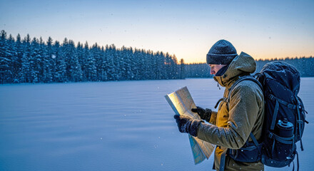 Backpacker reading map in snowy field near forest at sunset