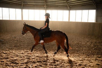 Teenage girl enjoys equestrian sports, slowly riding horse and holding reins in indoor arena at equestrian school, under beautiful rays of sunset. Professional rider, equestrian school, pet training.