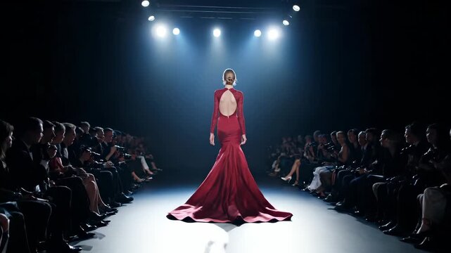 Model walks runway in elegant gown. Dramatic spotlight follows model down catwalk. Backless couture dress flows across runway. Fashion audience watches show. High style and elegant design displayed.