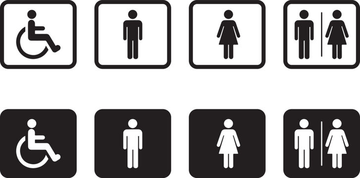 Collection of eight square icons representing restroom facilities including accessible wheelchair symbols and gendered male and female figures in white and black variations