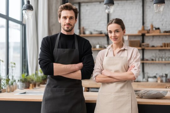 Confident Duo: A man and woman, both adorned in aprons, exude confidence with arms crossed in a well-lit kitchen, symbolizing partnership and expertise.