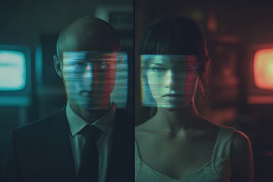Binary Reflections: A captivating duo, one male and one female, stand side-by-side, their visages partially obscured by a digital interface. The shot highlights technology's influence on humanity.