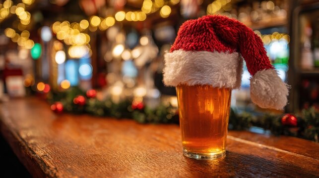 A cheerful pint of beer is topped with a santa hat adding holiday spirit to a cozy bar scene.