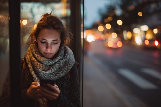 Silent Digital Solitude: A woman, engrossed in her phone's glow within a dimly lit bus or train. The blurred night cityscape provides a contrasting backdrop to her focused digital interaction.