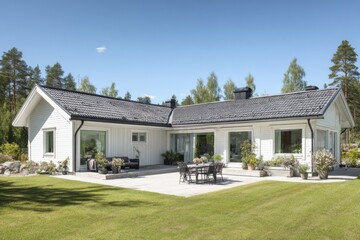 Modern white house in a serene setting surrounded by greenery, featuring a spacious patio for outdoor gatherings and relaxation during a bright sunny day in the countryside