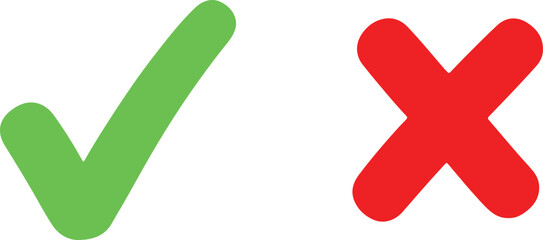 Hand drawn green check mark and red cross symbol isolated on a white background representing a choice between correct and incorrect options