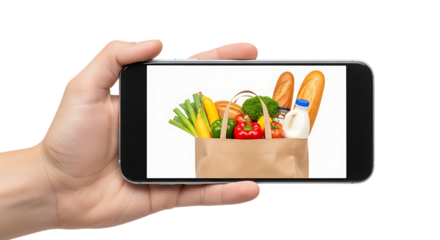 Hand Holding Smartphone, displaying grocery bag filled with fresh produce and bread, isolated on white or transparent background, PNG