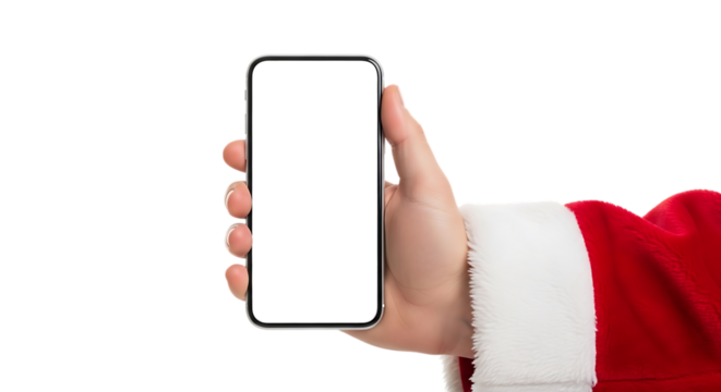 Santa Claus Hand, holding a modern smartphone with a blank white screen, isolated on white or transparent background, PNG - Powered by Adobe