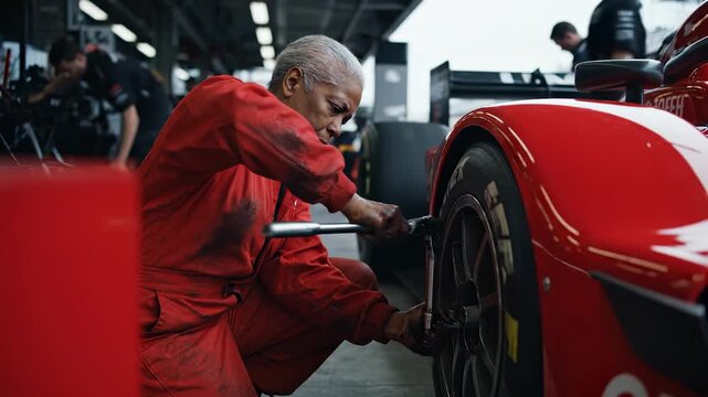 Tightening wheel on racing car during pitstop. Mechanic woman and technician perform tire maintenance. Automotive teamwork visible in garage. Focused repair work for performance and safety. Fast fix.