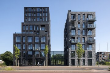 Fototapeta premium Modern architectural design of two stylish residential buildings in an urban setting on a clear day showcasing sleek lines and glass balconies