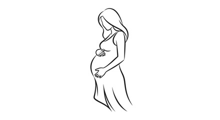 A pregnant woman in a dress, shown in a minimalist line drawing, holding her baby bump.