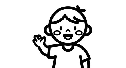 Cartoon boy with a cheerful expression waving his hand in a friendly greeting.