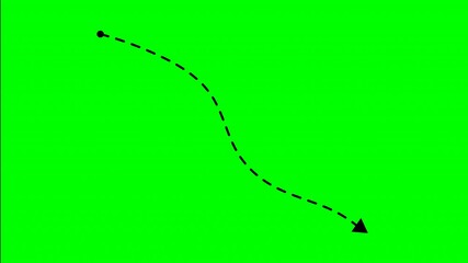 animation of arrow moving to the bottom right corner along curved dashed path on green background