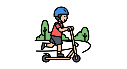 A young person wearing a helmet rides a scooter on a path.