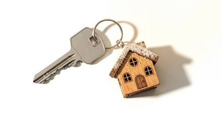Key with wooden house model on white background, concept of home and security