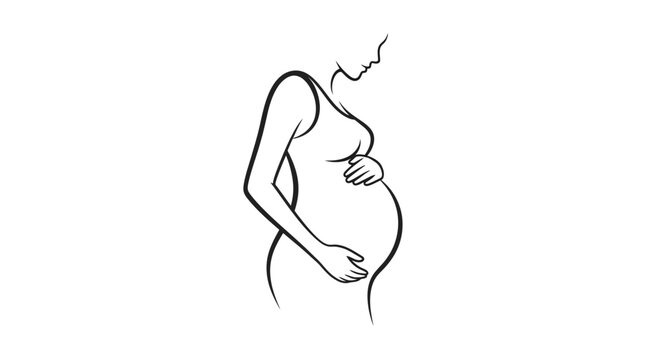 Line art illustration of a pregnant woman holding her belly with love and anticipation.