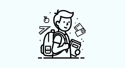 A line art illustration of a student with a backpack, books, and school supplies floating around.
