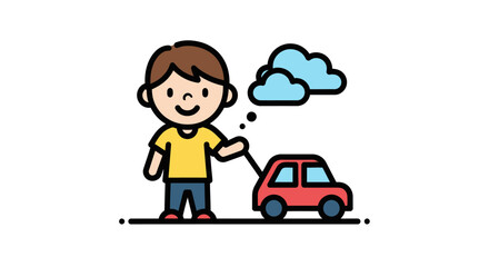 A cartoon boy imagines driving a red car under a cloudy sky.