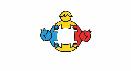 Abstract illustration of three figures holding hands in a circle, symbolizing unity and collaboration.