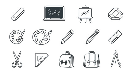 Collection of illustrated school and art supplies, presented in monochrome style.