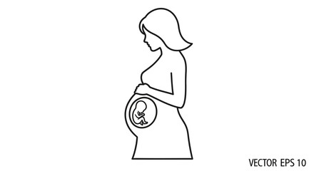 Line art illustration of a pregnant woman with a visible fetus inside her womb.