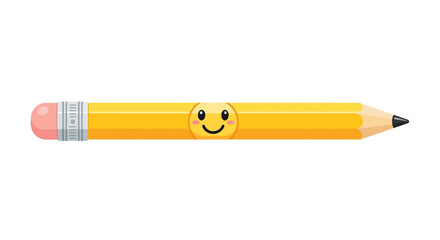 A yellow pencil with a smiling face and pink eraser, lying horizontally on a white background.