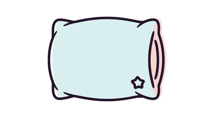 A cartoon illustration of a light blue pillow with a star decoration, ready for sleep.