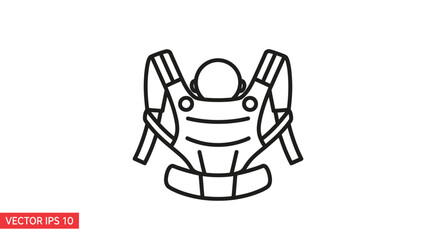 Line drawing of a baby carrier, showing the straps and seat.