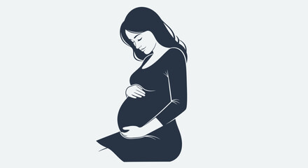 Illustration of a pregnant woman in a dress, cradling her baby bump with a serene expression.
