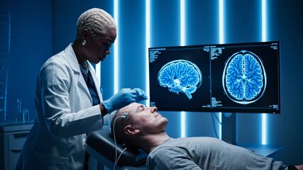 Doctor examines patient during brain scan. Neurologist conducts mri examination. Medical healthcare team reviews monitor images. Clinical research and diagnosis supported. Patient comfort prioritized.