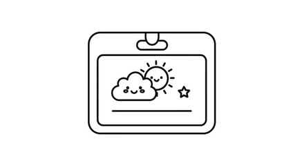 Cartoon illustration of a badge showing a smiling cloud, sun, and star on a white background.