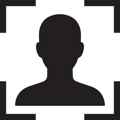Silhouette of a human head and shoulders framed by a digital scanner or camera focus square representing facial recognition technology