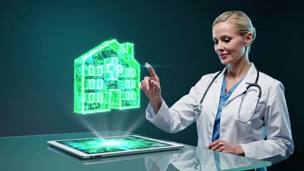 Female doctor interacts with holographic smart home projection from tablet. Telemedicine technology, remote healthcare monitoring, digital health innovation. Connected care system, medical automation - Powered by Adobe