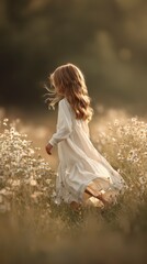 Child's Dream in a Golden Field: A young girl, lost in a world of her imagination, wanders through a sun-drenched field of wildflowers, her hair flowing freely in the gentle breeze.
