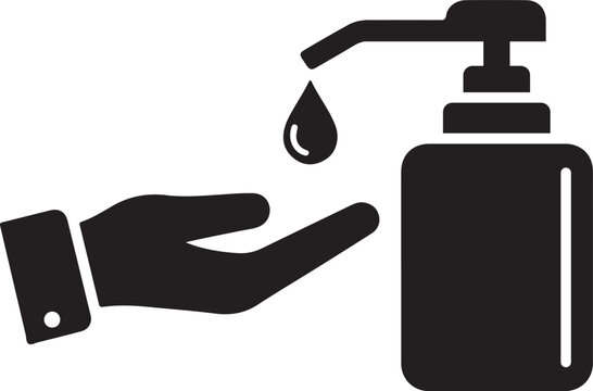Black silhouette icon of a hand receiving liquid soap or sanitizer from a pump dispenser for hygiene and cleanliness purposes