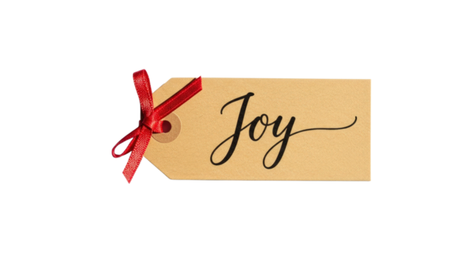A tan tag with the word "joy" written in black script and a red ribbon tied to the top left corner isolated on a transparent background