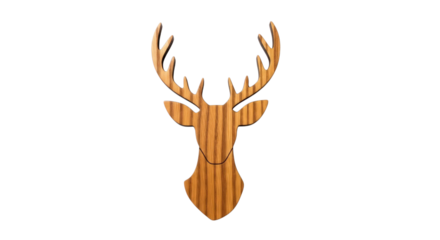 A wooden deer head with antlers showing wood grain texture in a studio shot isolated on a transparent background