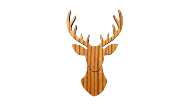 A wooden deer head with antlers showing wood grain texture in a studio shot isolated on a transparent background - Powered by Adobe